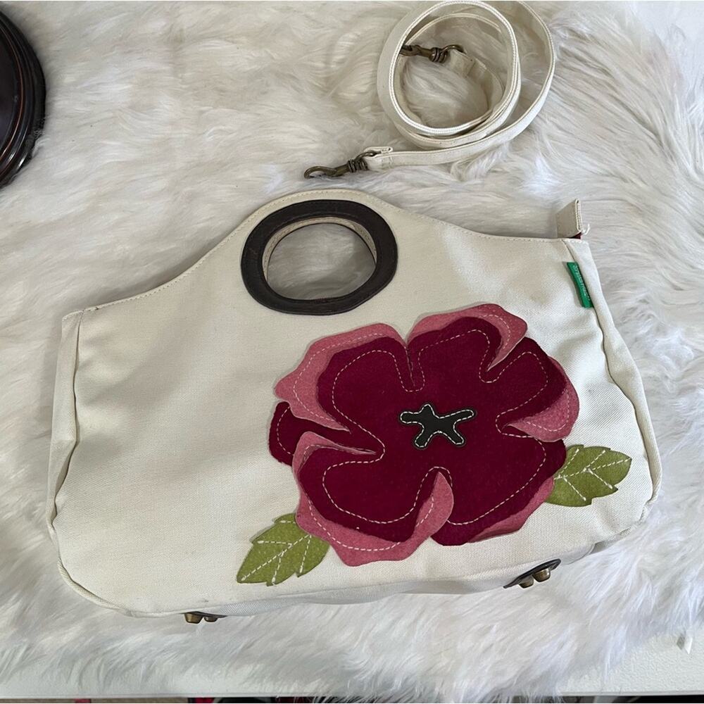 NEW Benetton Classic City Traveler Flower Crossbody Handbag Cotton Suede Leather - Picture 7 of 16